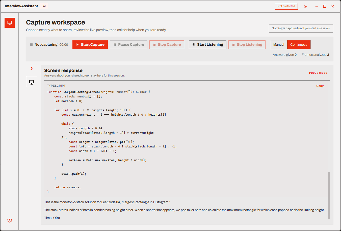 Source picker, live preview, streaming response log.