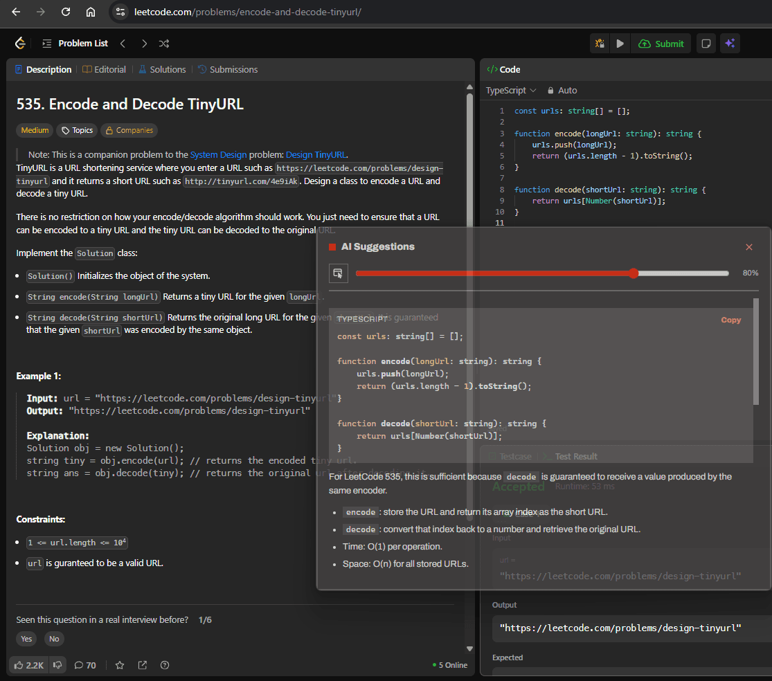 The assistant's semi-transparent AI Suggestions overlay floating over the LeetCode problem "Encode and Decode TinyURL", showing a suggested TypeScript encode and decode solution with its time and space complexity.